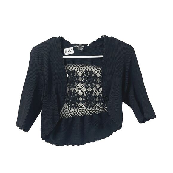 Vtg 90s Y2K Womens Black Cropped Cardigan L Short Sleeve Knit Whimsigoth Crochet - Picture 1 of 7